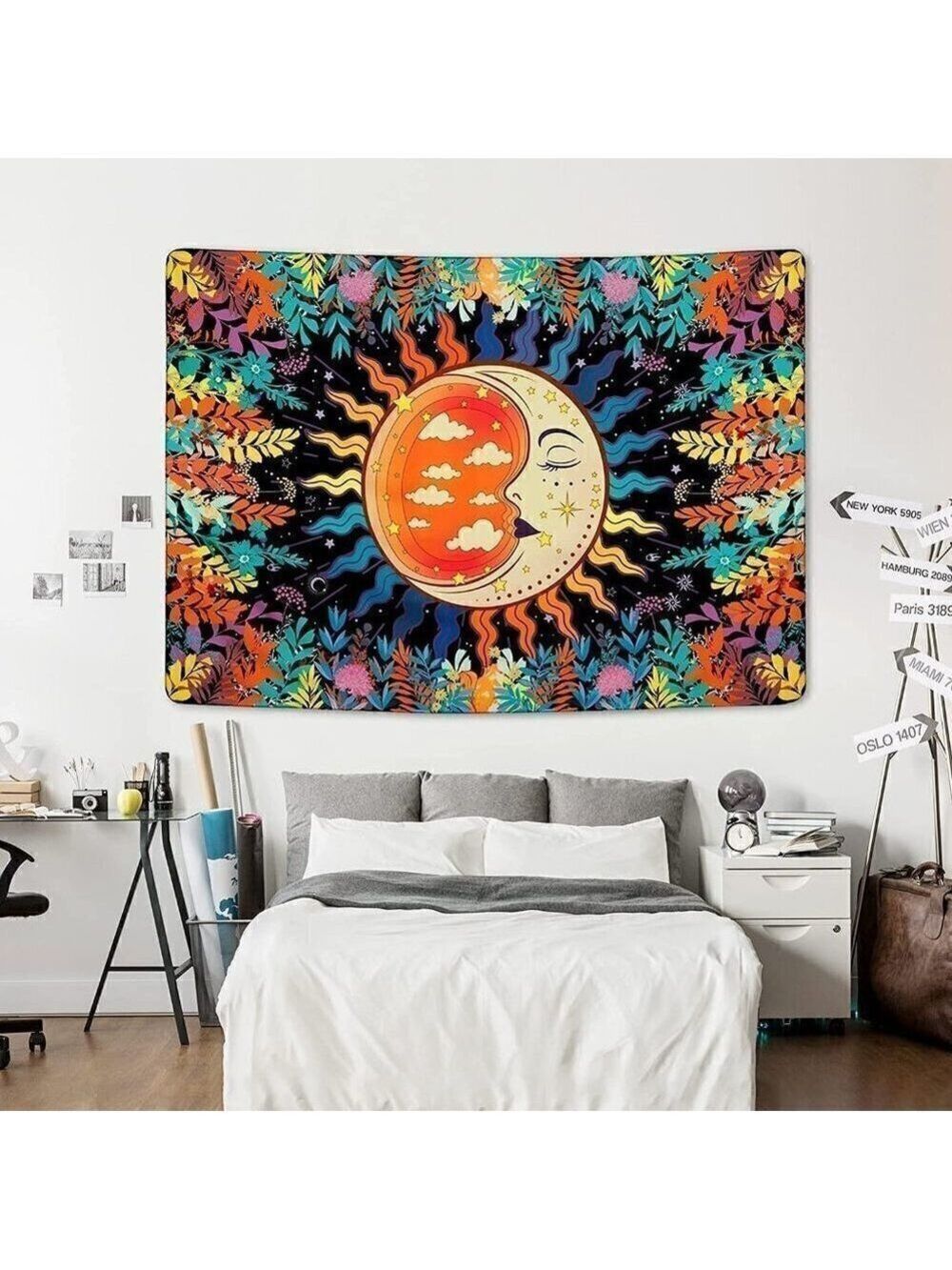 𝅺PSYCHEDELIC Moon Stars Garden Flower Tapestry Mandala Living Room Bedroom Dorm